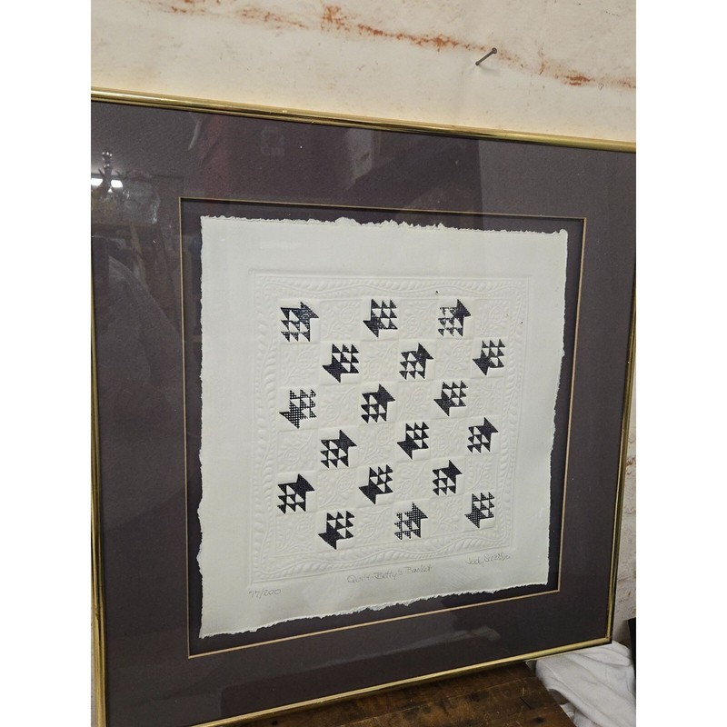 Betty’s Basket Quilt Framed & Matted Art Handpainted Embossed Repro on Paper