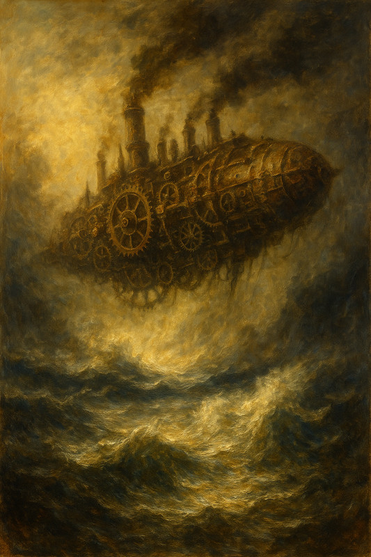 Steampunk Airship Turner Storm Painting Dramatic Rusted Machine Fantasy Sea Surv