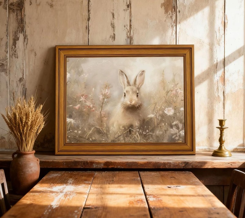 Gold Framed Vintage Easter Bunny Canvas Wall Art Neutral Rabbit Meadow Painti... gallery