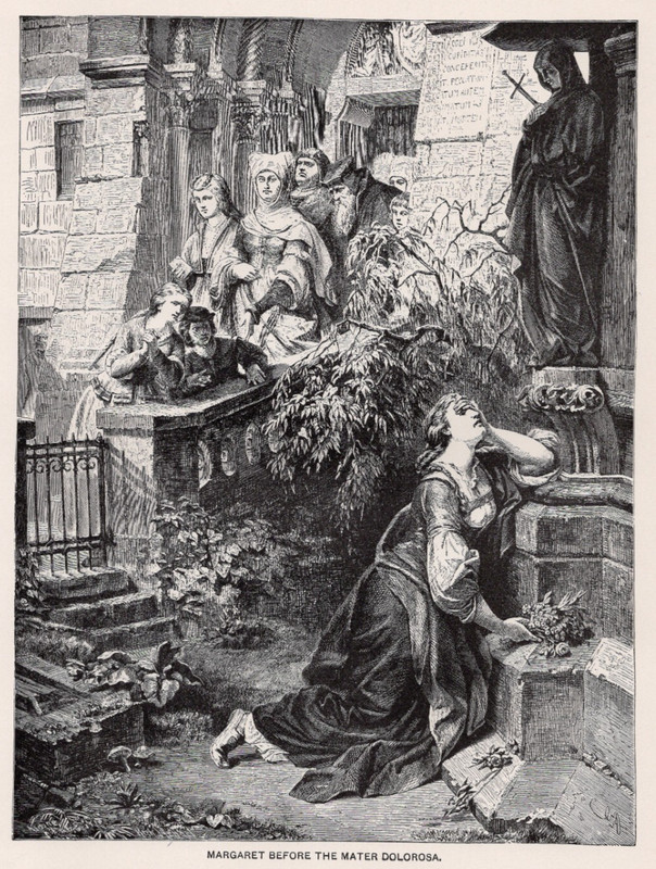 WOMAN PRAYS – Garden Church Street Scene Ladies & Statue 1894 Antique Engraving