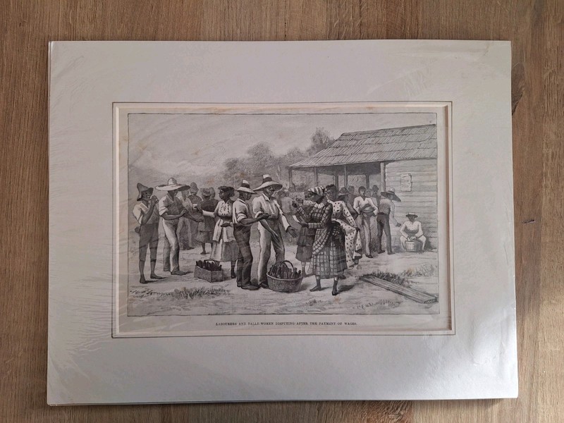 Old 19th C Print Etching Of Panama Canal Workers USA 35 X 27 Cms
