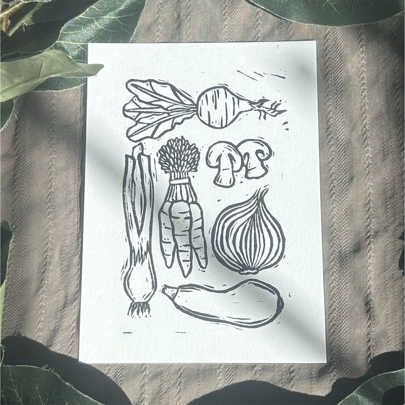 Handmade Vegetable Linocut Art Print – Mushrooms, Carrot, Onion, Beet