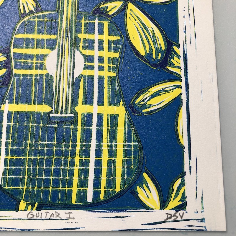 5" x 7" Reduction Linocut Print 3 Color Unframed “Guitar I” #4/8 Music Flowers gallery