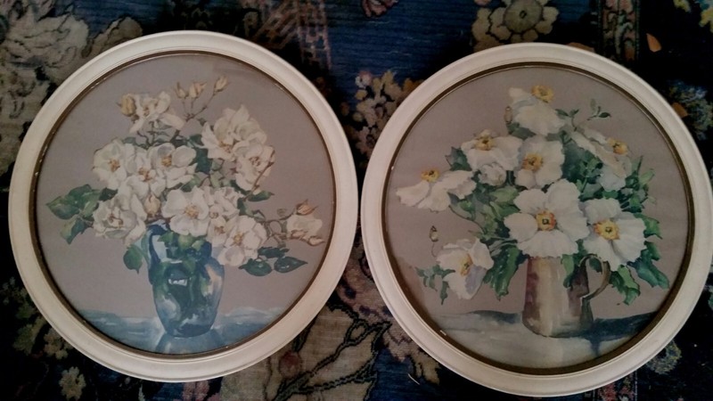 Pr. Vintage Antique 50s Magnolia Round Art Prints-Still Life 16 Inches Round