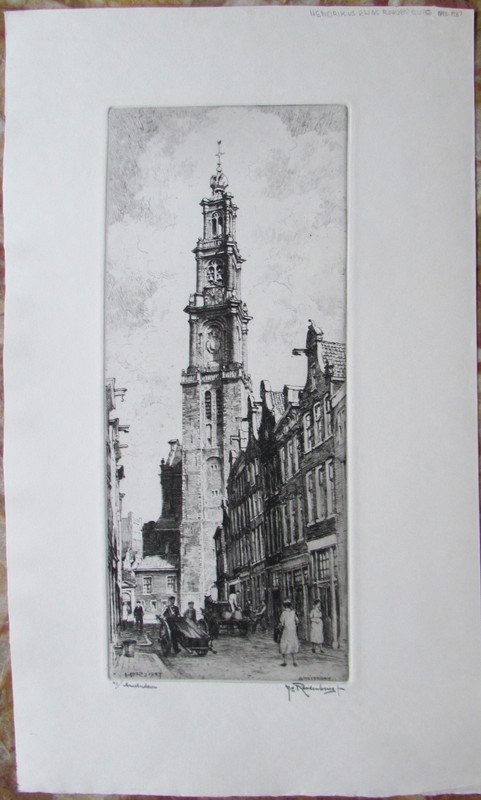 AMSTERDAM TOWER ETCHING HENDRIK ROODENBURG PENCIL SIGNED PRINT 1953 NO. 44