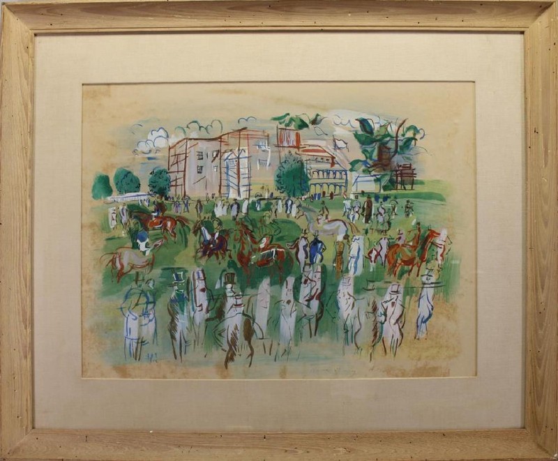 RAOUL DUFY 1950s MIX-MEDIA ASCOT LITHOGRAPH PRINT PLATE SIGNED RARE HAND COLORED