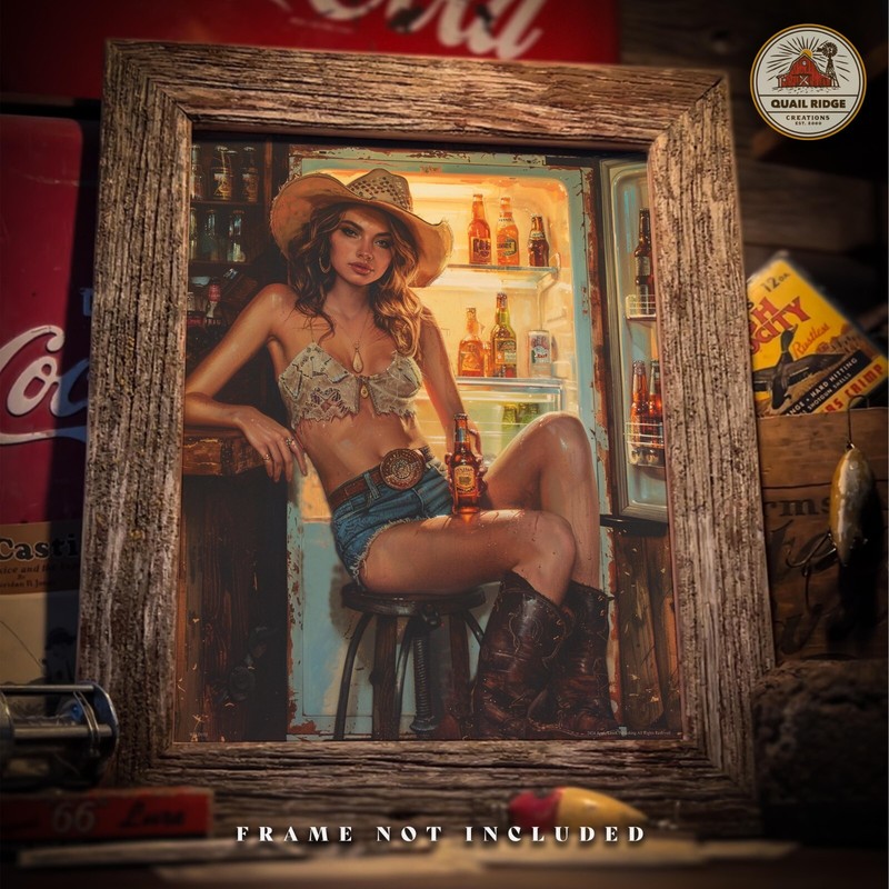 Cold Beer Cowgirl Art Print Cowboy Rodeo Western Bar Artwork Wall Decor Gift