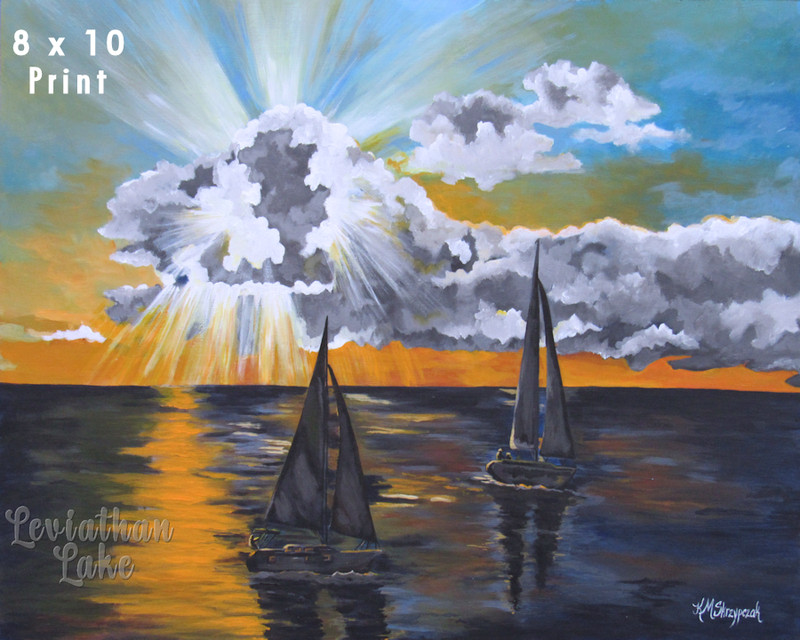 Original Sailboats at Sunset Acrylic Sea Painting Dramatic Clouds 8×10 Print