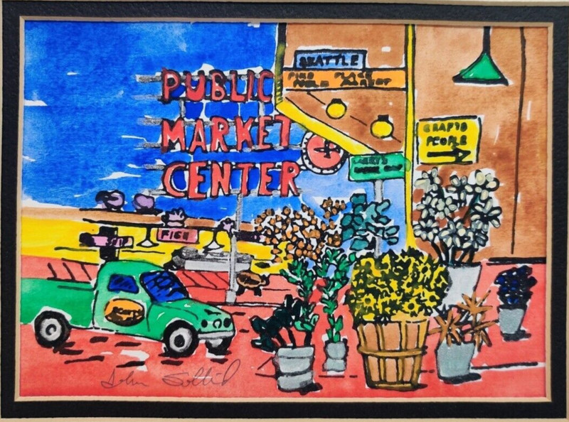 John Sollid «Pike Place Market» Seattle Washington Matted Watercolor Print