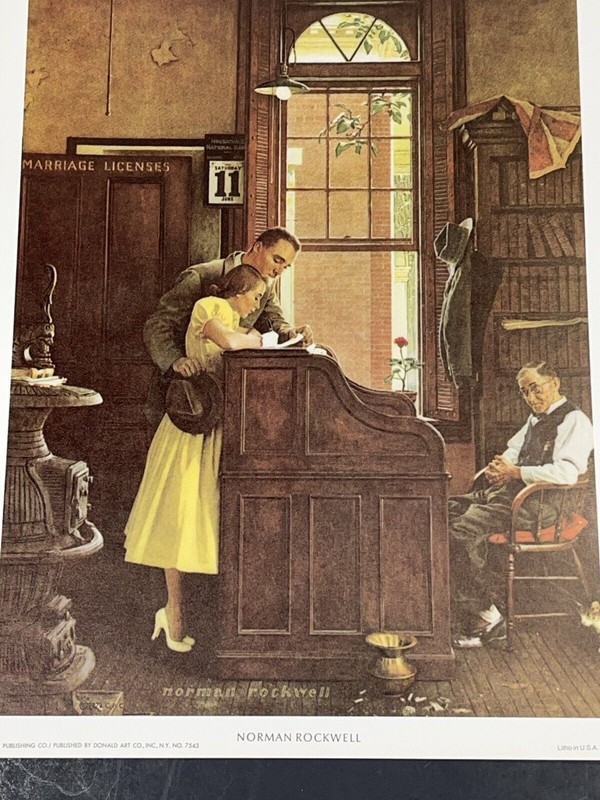 Norman Rockwell Lithograph MARRIAGE LICENSE 1972 Curtis Publishing 8” x 10” gallery