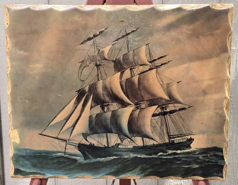 Vintage Clipper Sail Ship Marine Nautical Laminated Scalloped Wood Choppy Seas
