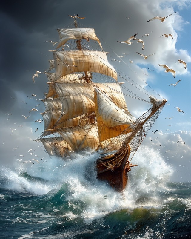 8×10 Art Print Flying Large Ocean Sailing Ship Seagulls – 31396853