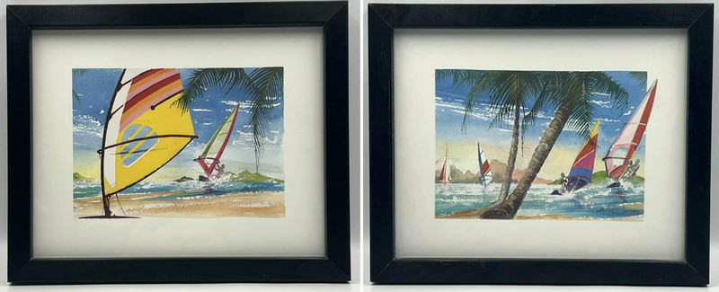 Set of 2 VTG B. Hobson Wind Surfing Prints Framed Retro Coastal Beach House Art