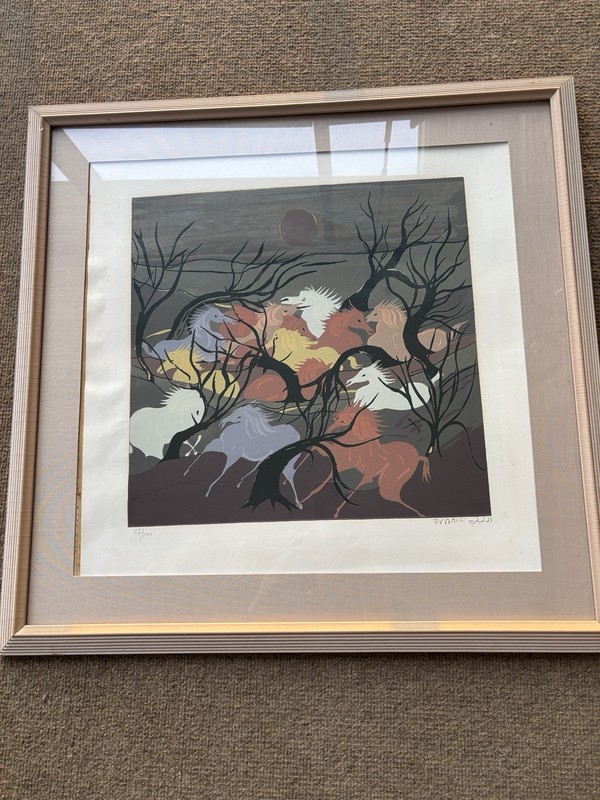 Vtg 1986 Framed Ahmed Balili Art Print Signed Numbered Horses 26 X 26” READ!