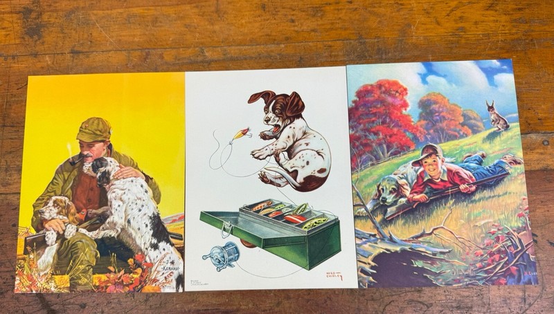 3 C.1955 Pinup Calendar Prints ~ Hunting, Fishing ~ Herb Chidley, J.F. Kernan