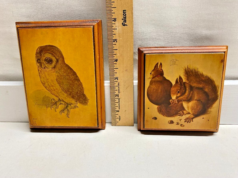 Albrecht Durer 2 Prints on Wood ~Owl- 4 1/2″ x 6″ & Squirrels- 4 1/2″ x 4 1/2″