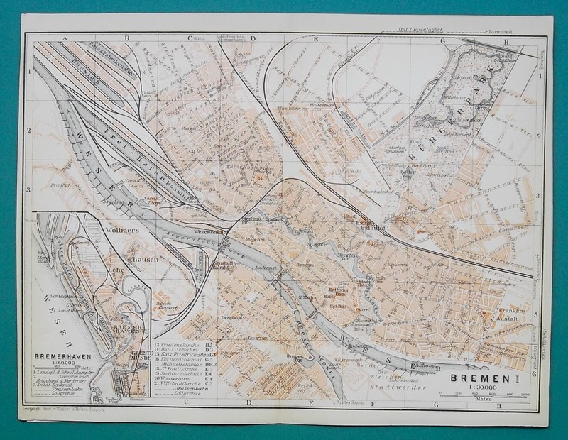GERMANY Bremen & Bremerhaven City Plan - 1912 MAP Baedeker 6 x 8" (15,5 x 20 cm)