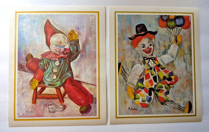 Set Of 2 Art Print Lithographs By Michele Circus Clowns Stool Balloons Retro Mod