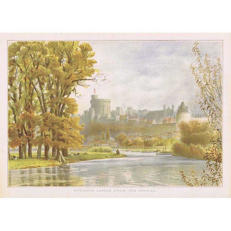 WINDSOR CASTLE From the Thames – Coloured Antique Print 1887