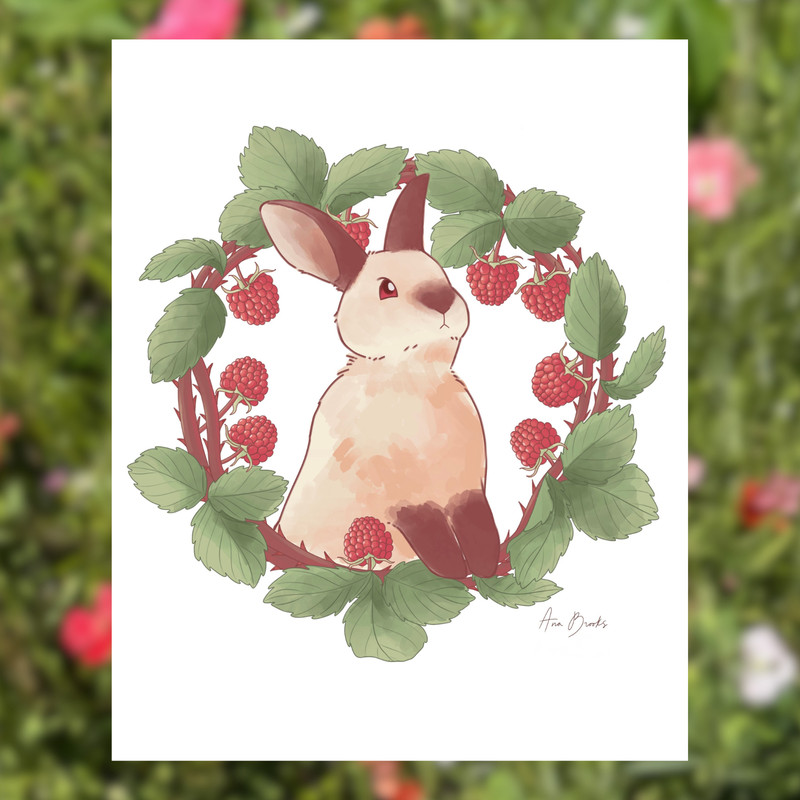 BUNDLE: Bramble Bunny Californian Rabbit Raspberry Wreath Art Print + Stickers gallery