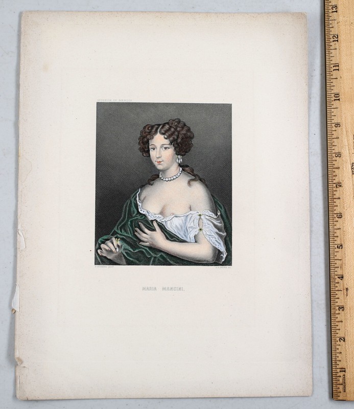 Antique 19th Century Color Lithograph Engraving Marie Mancini Court of Louis XIV
