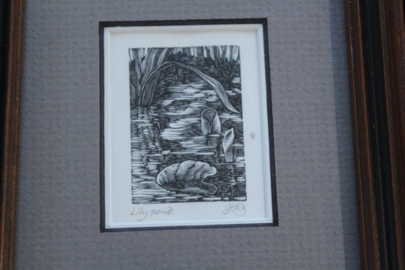 Vintage Block Prints - Door, Lily Pond, Kitchen Signed Framed Matted Lot of 3 gallery
