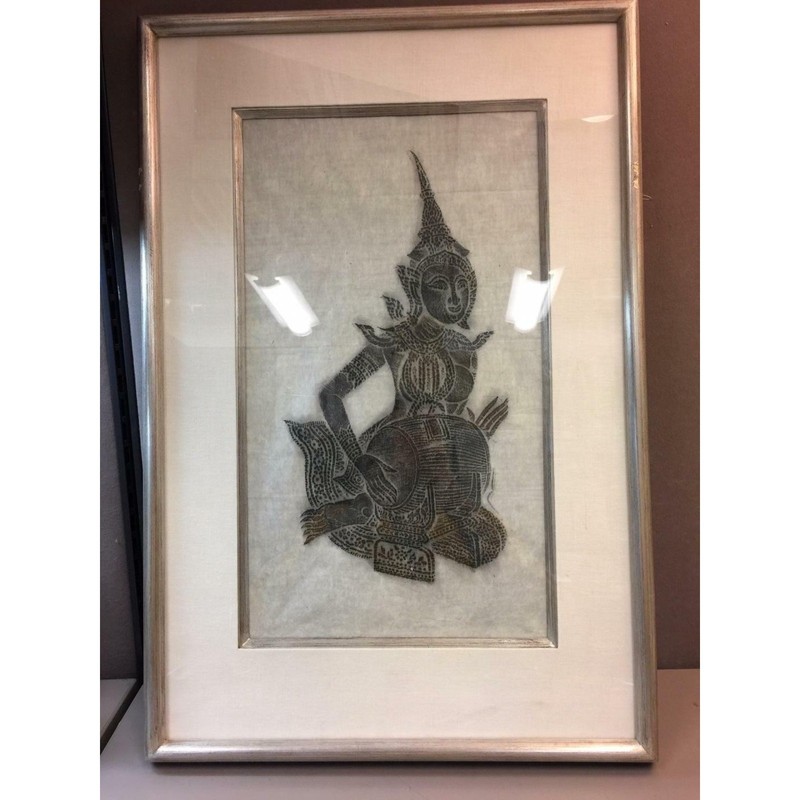 Silver Framed Angkor Wat Thai Cambodian Temple Rubbing Kneeling Figure with Drum