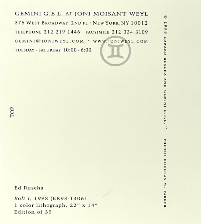Ed Ruscha Art Print Card 2024 - Bolt I, 1998 Gemini Gallery NYC 4.25”x6” gallery