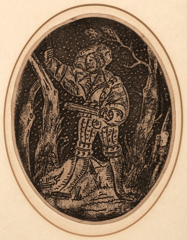 Antique Renaissance German/Swiss Mercenary/Flagbearer Woodcut Print