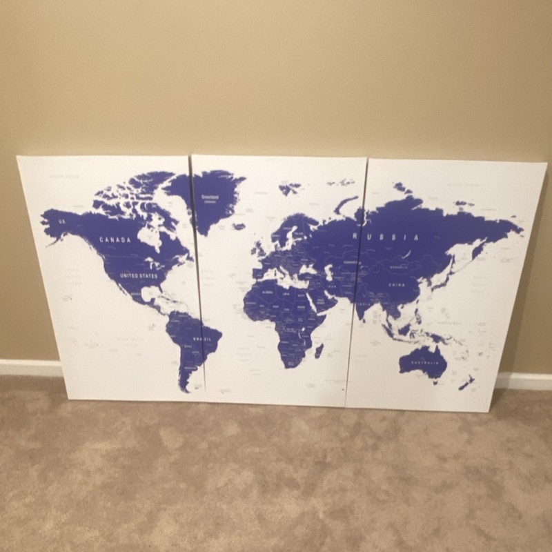 World Map Multi-Panel Canvas Art Print Set, Blue White, Large, Unframed