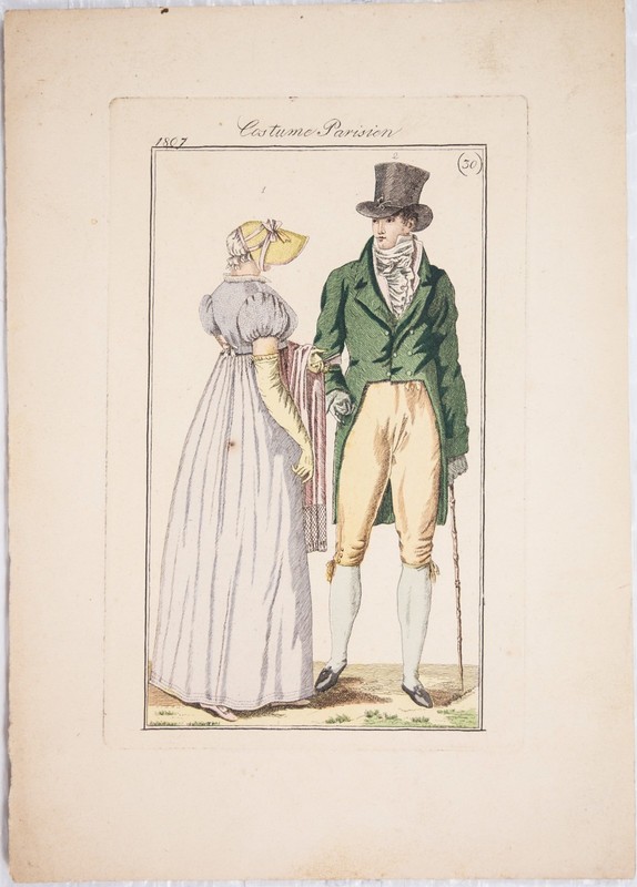 1807 FRENCH FASHION PLATE COLOR LITHOGRAPH Costume Parisien 9×6 READ P483