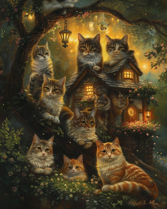8x10 Art Print Cats Garden Painting - 21700897