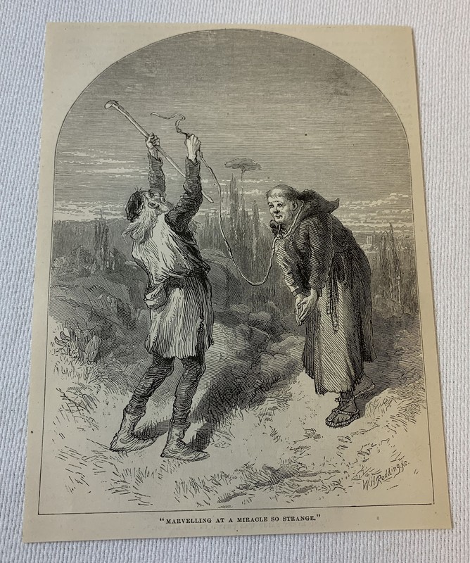 1878 magazine engraving ~ MAN WALKING WITH A MONK ON A LEASH