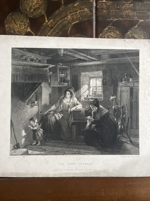  ANTIQUE ORIGINAL B/W ENGRAVING-FAMILY LIFE- THE FIRST SUNBEAM -1870 CA