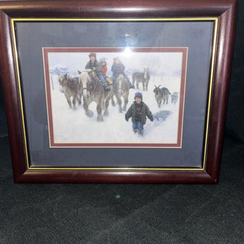 Robert Duncan Print framed & matted Winter Scene children, horses and animals.
