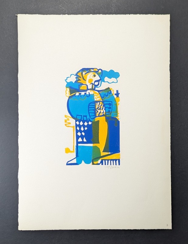 Herbert Felix Plahl, abstract figure (blue), woodcut, autographed gallery