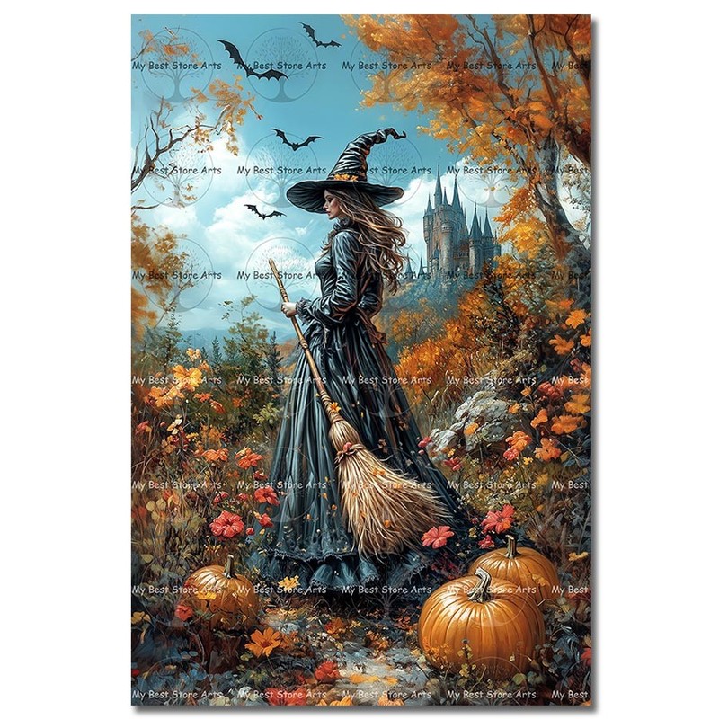 Autumn Witch Art Print, Enchanted Forest Halloween Decor