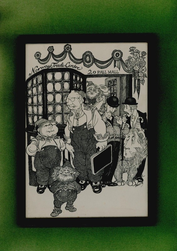 Christmas Cartoon 1979 Vintage NORWAY LONDON TRADE Print 33 x 24cm SANTA & ELF