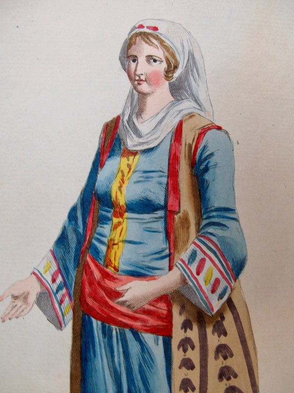 1787 PIERRE DUFLOS HAND-ILLUMINATED ENGRAVING w GOLD FEMME ALBANOISE FAUVEL 1782 gallery