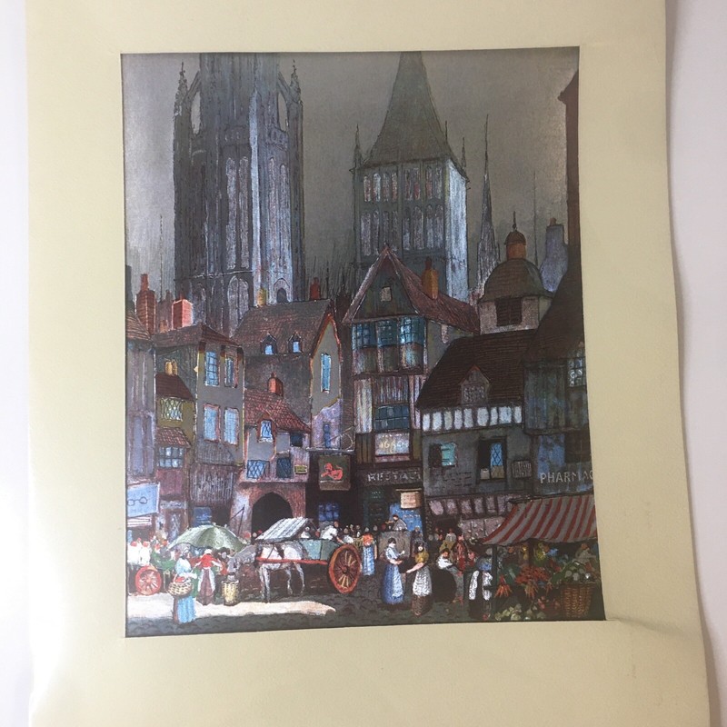 VTG Metallic Silver Etched Foil Art Print The Old Market Street Scene England