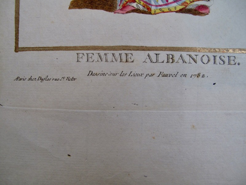 1787 PIERRE DUFLOS HAND-ILLUMINATED ENGRAVING w GOLD FEMME ALBANOISE FAUVEL 1782 gallery