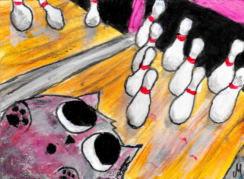 Print Cat ACEO Painting Bowling Ball Sport Contemporary Folk Art by Josh Merritt