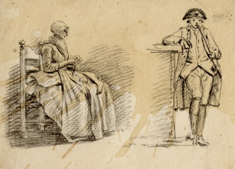 Antique Figures Print-Studies of a woman and a pipe smoking man-Anonymous-1750