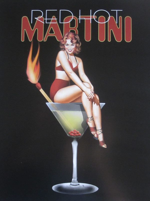 NEW Red Hot Martini Art Poster Man Cave Ralph Burch Banner Girl on Glass Decor