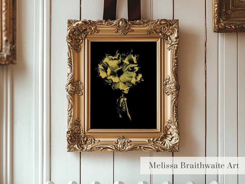 Floral Skeleton Halloween Wall Art Print: Whimsical Gold Decor, 8×10 Braithwaite