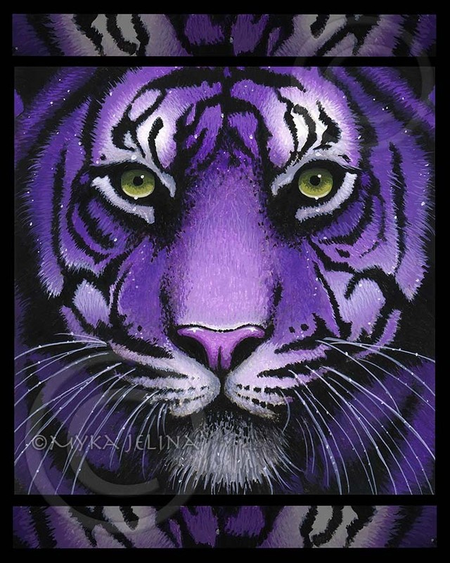 Purple Tiger Big Cat Green Eyes Fiala Myka Ltd Ed Signed CANVAS Embellished