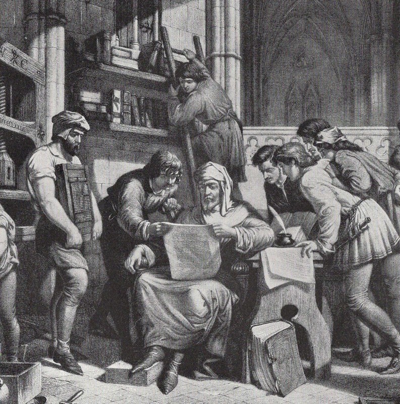 MEDIEVAL PRINTING - First Sheet from Caxton's Press - 1894 Antique Engraving