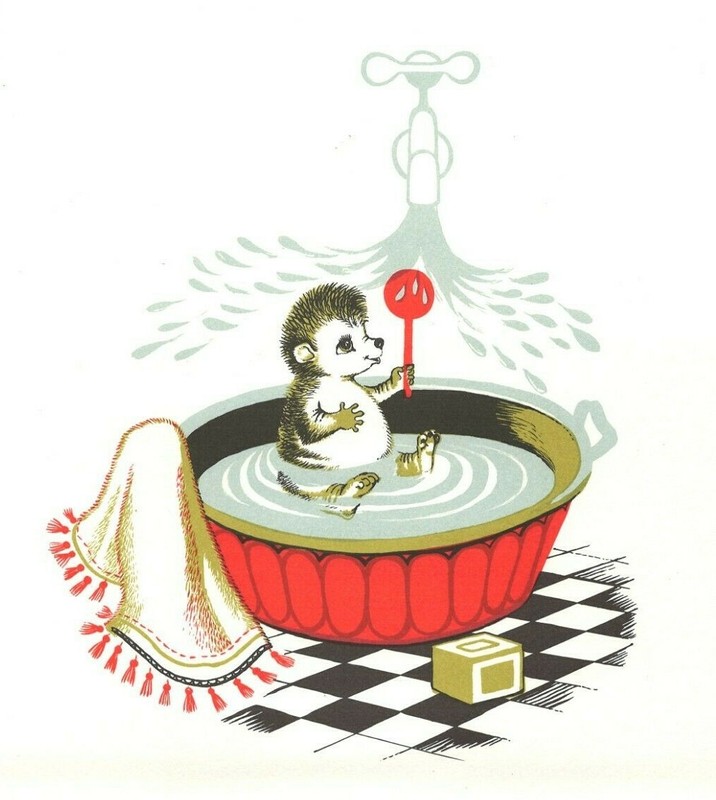 Antique Color Print (1960) #392 – Baby Corkey Hedgehog Taking a Bath
