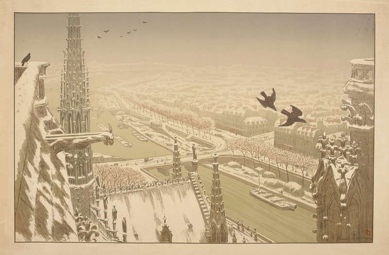 Henri Riviere Paris France View Crows Gargoyles Seine 1900 Art Print 17″ x 22″