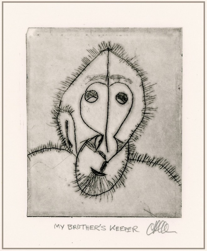 My Brother’s Keeper? :-) MONKEY APE GORILLA PRIMATE Original ETCHING Signed